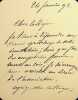 Lettre autographe sign&eacute;e. Alphonse Gu&eacute;rin (1816-1895), m&eacute;decin, chirurgien, pr&eacute;sident de l'Acad&eacute;mie de m&eacute;decine, inventeur du pansement ouat&eacute;. 