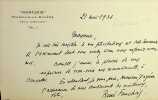 Lettre autographe sign&eacute;e. Ren&eacute; Fauchois (1882-1962), &eacute;crivain, acteur, pr&eacute;sident de l'Acad&eacute;mie de Rouen. 