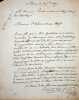 Lettre sign&eacute;e. Pierre-Fran&ccedil;ois Percy (1754-1825), m&eacute;decin, chirurgien en chef des arm&eacute;es sour la r&eacute;volution et l'Empire, pr&eacute;sident de l'Acad&eacute;mie des ...