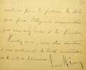 Lettre autographe sign&eacute;e. Louis H&eacute;mon (1844-1914), homme politique. 