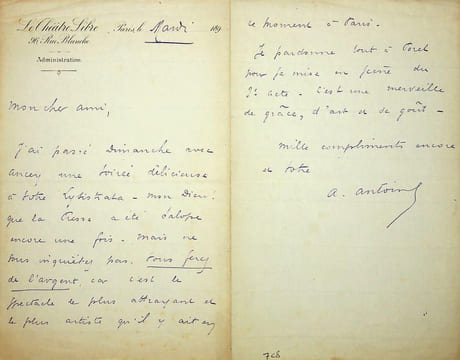 Lettre autographe signée à Maurice Donnay. André Antoine (1858-1943), comédien, metteur en scène, directeur de théâtre. 