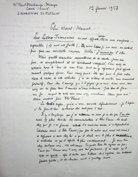 Lettre autographe signée à Marcel Marnat. Paul Deschamps dit Paul Desanges (1889-1983), médecin, écrivain, militant pacifiste.