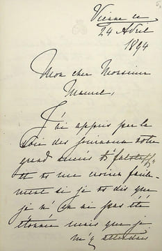 Lettre autographe signée - exceptionnelle lettre. [Bedrich Smetana] Pauline von Metternich (1836-1921), aristocrate et princesse austro-hongroise, ...