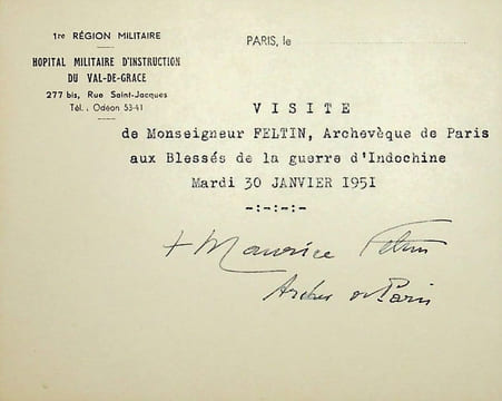 Pièce signée. Maurice Feltin (1883-1975), cardinal, évêque de Troyes, archevêque de Sens, Bordeaux, Paris.