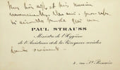 Carte autographe. Paul Strauss (1852-1942), journaliste, homme politique, ministre de l'Hygi&egrave;ne. 