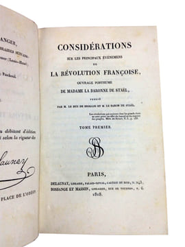 "CONSIDERATIONS SUR LES PRINCIPAUX EVENEMENTS DE LA REVOLUTION FRANCOISE". - "EXAMEN CRITIQUE DE L'OUVRAGE POSTHUME DE M.ME LA B.NNE DE STAEL".. ...