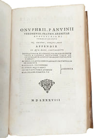 "ONUPHRII PANVINI VERONENSIS... LIBRI TRES... DE LUDIS SAECULARIBUS... DE SIBYLLIS ET CARMINIBUS SIBYLLINIS... DE ANTIQUIS ROMANORUM NOMINIBUS - FASTORUM LIBRI V A ROMULO REGE USQUE AD IMP. CAESAREM CAROLUM V AUSTRIUM AUGUSTUM...".