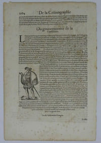 La cosmographie vniverselle, contenant la situation de toutes les parties du monde, auec leurs proprietez & appartenances […]. Un feuillet de 313×209 mm, paginé 1103-1104, extrait du livre IIII d’un exemplaire d’une édition du seizième siècle de la première traduction française de la Cosmographia Universalis