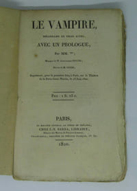 Le Vampire, Mélodrame en trois actes, avec un prologue, Par M*** [Charles Nodier, Pierre Carmouche et Achille de Jouffroy]. Musique de M. Alexandre Piccini ; Décors de M. Ciceri. Représenté, pour la première fois, à Paris, sur le Théâtre de la Porte-Saint-Martin, le 13 juin 1820