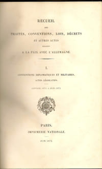 Recueil des traités, conventions, lois, décrets et autres actes relatifs à la paix avec  l’Allemagne.
