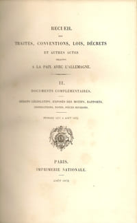 Recueil des traités, conventions, lois, décrets et autres actes relatifs à la paix avec  l’Allemagne.
