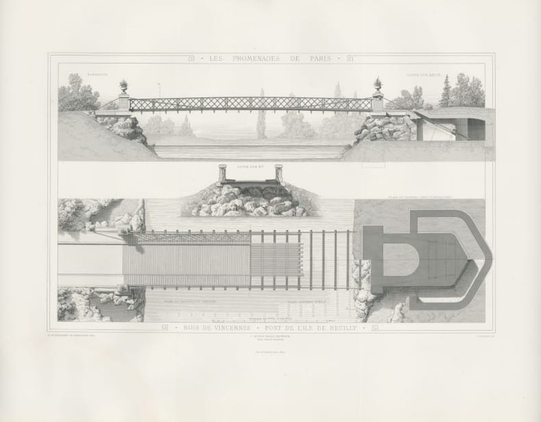 Les promenades de Paris - Bois de Vincennes - Pont de l'île de Reuilly - 1867. ALPHAND, Adolphe, HOCHEREAU, Emile,