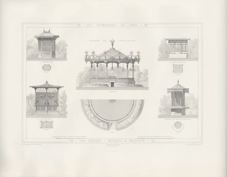Les promenades de Paris - Voie publique - Boutiques & orchestre - 1867. ALPHAND, Adolphe, HOCHEREAU, Emile,
