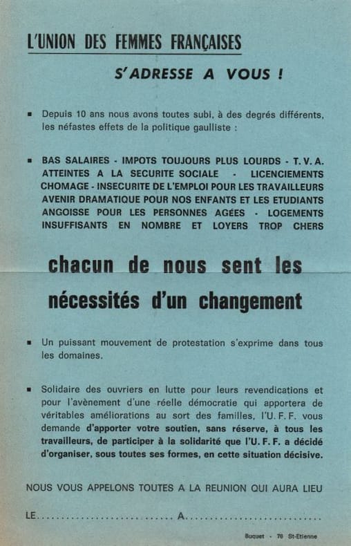 "Chacun de nous sent la nécessité d'un changement". [60's/MAI 68/FÉMINISME] UNION DES FEMMES FRANÇAISES