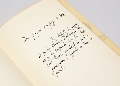 Verdures de la nuit - Les grandes journées de printemps - Testament du Haut-Rhône - Office des morts - Tendres campagnes. Une page manuscrite de Maurice Chappaz et les cinq dessins de Gérard de Palézieux reproduits par les maîtres-imprimeurs Roth & Sauter à Lausanne.