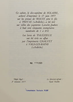 Solaire 17. Autour de Gustave Roud.. [ROUD Gustave] BEGUIN Albert; JACCOTTET Philippe; TACHE Pierre-Alain; METTRA Claude; JOURDAN Pierre-Albert; ...