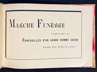 Album primo-avrilesque composé 1° D'une spirituelle préface par l'auteur ; 2° De sept magnifiques planches gravées en taille-douce et de différentes couleurs ; 3° D'une seconde Préface presque aussi spirituelle que la première, et enfin D'une marche funèbre spécialement composée pour les funérailles d'un grand homme sourd.
