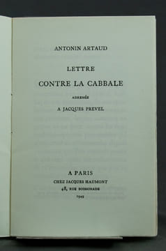 Lettre contre la Cabbale adressée à Jacques Prevel.. ARTAUD Antonin: