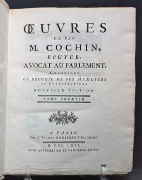 Oeuvres de feu M. Cochin, écuyer, avocat au parlement, contenant le recueil de ses mémoires et consultations.. COCHIN Henri: