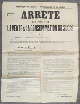 ARRETE réglementant LA VENTE & LA CONSOMMATION DU SUCRE. Le préfet de Savoie P. Genebrier.