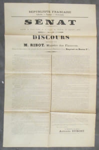 SENAT. Extrait du Procès Verbal de la Séance du Vendredi 15 Septembre 1916. DISCOURS prononcé par M. RIBOT, Ministre des Finances. Dans la discussion du projet de loi concernant l'Emission d'un Emprunt en RenteS 5%