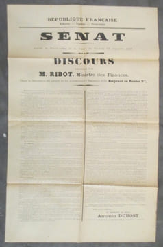 SENAT. Extrait du Procès Verbal de la Séance du Vendredi 15 Septembre 1916. DISCOURS prononcé par M. RIBOT, Ministre des Finances. Dans la discussion ...