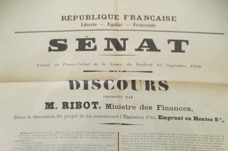 SENAT. Extrait du Procès Verbal de la Séance du Vendredi 15 Septembre 1916. DISCOURS prononcé par M. RIBOT, Ministre des Finances. Dans la discussion ...