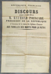DISCOURS prononcé le 14 juillet 1916 par M. RAYMOND POINCARE PRESIDENT DE LA REPUBLIQUE à l'occasion de la remise des diplôme d'honneur AUX FAMILLES DES MORTS POUR LA PATRIE.