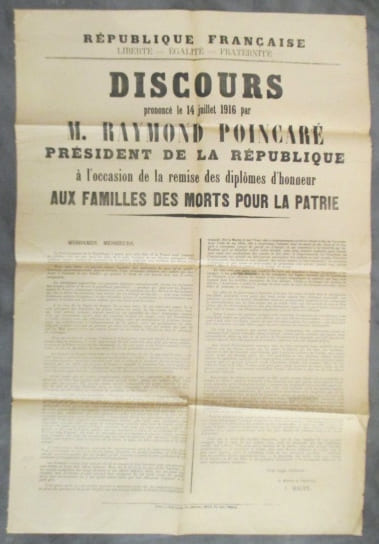 DISCOURS prononc&eacute; le 14 juillet 1916 par M. RAYMOND POINCARE PRESIDENT DE LA REPUBLIQUE &agrave; l'occasion de la remise des dipl&ocirc;me d'honneur AUX FAMILLES ...