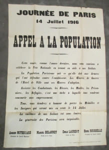 JOURNEE DE PARIS. 14 juillet 1916. APPEL A LA POPULATION