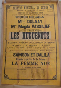 THEATRE MUNICIPAL DE SAIGON. Mardi 19 Janvier 1909. SOIREE DE GALA pour les représentations de Mlle DOLNAY et Mlle Magda VASSILIEF. Pour la première fois à Saigon LES HUGUENOTS. SAMSON et DALILA grande reprise de la Saison. LA FEMME NUE // MUNICIPAL THEATER OF SAIGON. Tuesday, January 19th, 1909. GALA EVENING for the representations of Miss DOLNAY and Miss Magda VASSILIEF. For the first time in Saigon THE HUGUENOTS. SAMSON AND DELILAH big resumption of the Season. THE NAKED WOMAN // Nhà hát Thành phố Sài Gòn. Thứ 3 Tháng một 19, 1909. GALA buổi tối cho màn trình diễn DOLNAY Hoa hậu và Hoa hậu Magda VASSILIEF. Đây là lần đầu tiên ở Sài Gòn Huguenots. SAMSON và Dalila phục hồi cao của mùa giải. Người phụ nữ NAKED