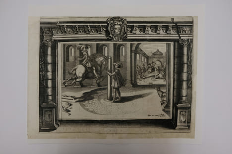 Gravure de la série : L'instruction du Roy en l'exercice de monter à cheval.. Pluvinel Antoine de (1552-1620)