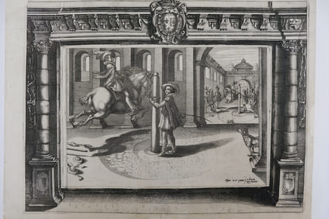 Gravure de la série : L'instruction du Roy en l'exercice de monter à cheval.. Pluvinel Antoine de (1552-1620)