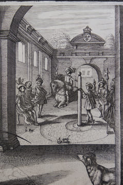 Gravure de la série : L'instruction du Roy en l'exercice de monter à cheval.. Pluvinel Antoine de (1552-1620)