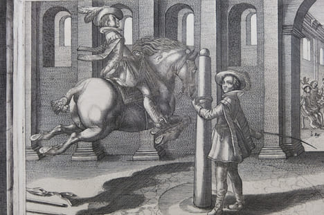 Gravure de la série : L'instruction du Roy en l'exercice de monter à cheval.. Pluvinel Antoine de (1552-1620)