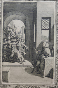 Saint Benoît fait reculer du geste un faux roi envoyé par le Roi Totila pour éprouver ses facultés de divination