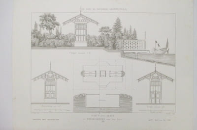 MONITEUR DES ARCHITECTES. LE BOIS DE BOULOGNE ARCHITECTURAL. BANCS avec ABRIS et EMBARCADERE sur les Lacs.