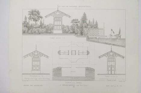 MONITEUR DES ARCHITECTES. LE BOIS DE BOULOGNE ARCHITECTURAL. BANCS avec ABRIS et EMBARCADERE sur les Lacs.. Vacquer / Boullay