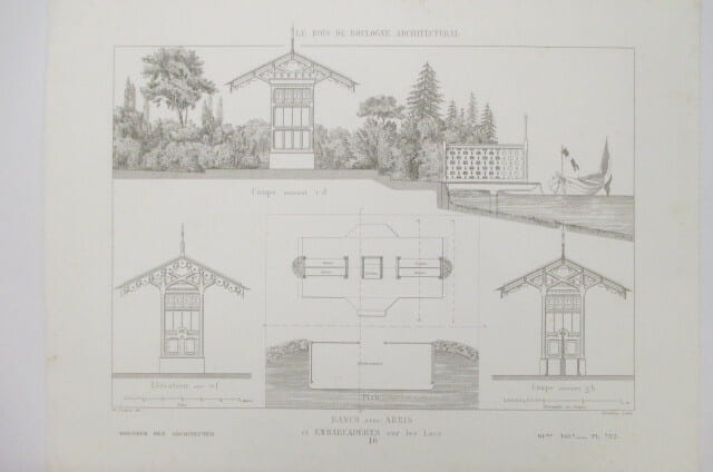 MONITEUR DES ARCHITECTES. LE BOIS DE BOULOGNE ARCHITECTURAL. BANCS avec ABRIS et EMBARCADERE sur les Lacs.. Vacquer / Boullay