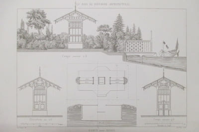 MONITEUR DES ARCHITECTES. LE BOIS DE BOULOGNE ARCHITECTURAL. BANCS avec ABRIS et EMBARCADERE sur les Lacs.
