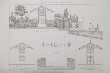 MONITEUR DES ARCHITECTES. LE BOIS DE BOULOGNE ARCHITECTURAL. BANCS avec ABRIS et EMBARCADERE sur les Lacs.. Vacquer / Boullay