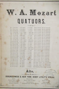 QUATUORS. Alto (Mozart) + QUATUORS pour 2 violons, Alto et Violoncelle (Beethoven) + QUARTETTE für 2 violinen, viola and Violoncell (Schubert) + QUATORS pour violons, alto et violoncelle (Bartholdy) + Drei Quartette fûr 2 violinen, viola, violoncell (Schumann).