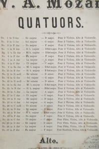 QUATUORS. Alto (Mozart) + QUATUORS pour 2 violons, Alto et Violoncelle (Beethoven) + QUARTETTE für 2 violinen, viola and Violoncell (Schubert) + QUATORS pour violons, alto et violoncelle (Bartholdy) + Drei Quartette fûr 2 violinen, viola, violoncell (Schumann).