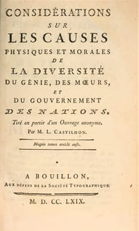 Considérations sur les causes physiques et morales de la diversité du génie, des moeurs et du gouvernement des nations.
