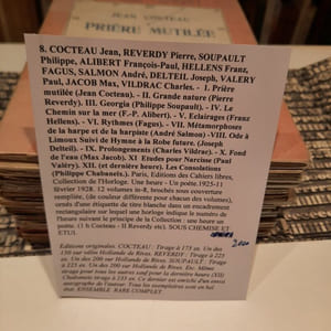 1. Prière mutilée (Jean Cocteau). - II. Grande nature (Pierre Reverdy). III. Georgia (Philippe Soupault). - IV. Le Chemin sur la mer (F.-P. Alibert). - V. Eclairages (Franz Hellens). - VI. Rythmes (Fagus). - VII. Métamorphoses de la harpe et de la harpiste (André Salmon) -VIII. Ode à Limoux Suivi de Hymne à la Robe future. (Joseph Delteil). - IX. Prolongements (Charles Vildrac). - X. Fond de l'eau (Max Jacob). XI Etudes pour Narcisse (Paul Valéry). XII. (et dernière heure). Les Consolations (Philippe Chabaneix.).