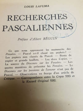 Recherches Pascaliennes. Préface de M. Abert Béguin.. LAFUMA (Louis).