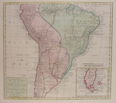  Kaart van het onderkoningschap van Peru, ... Chili, Paraguay ... Brazil ... in Zuid-Amerika.. TIRION (Isaak).