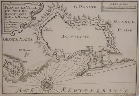  [BARCELONE] Plan de la ville et port de Barcelone du fort de Mont Jouy.. MICHELOT & BREMOND;