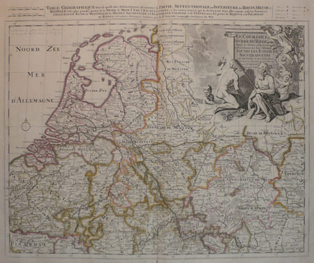  [PAYS-BAS] Le cours de la rivi&egrave;re du Rhein depuis sa source jusques &agrave; son emboucheure o&ugrave; sont distingu&eacute;s toutes les estats et souverainet&eacute;s.. SANSON ...