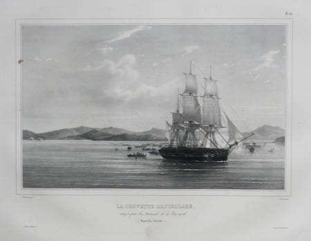  [NOUVELLE-GUINEE] La corvette l'Astrolabe, attaqu&eacute;e par les naturels de la c&ocirc;te nord (Nouvelle Guin&eacute;e).. DUMONT D'URVILLE (Jules-S&eacute;bastien-C&eacute;sar) & ...